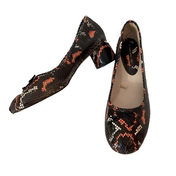 Zara Leather Snake Print Block Heel Ballerinas Size 39 - Picture 6 of 10